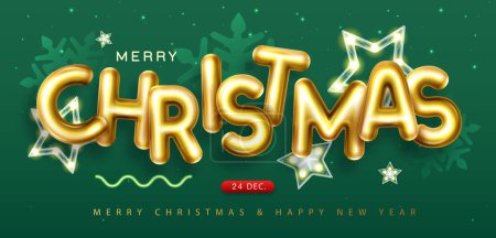 Ilustración de Feliz Navidad cartel de vacaciones con letras cromáticas 3D, copos de nieve y estrellas. Tarjeta de felicitación de vacaciones. Ilustración vectorial - Imagen libre de derechos
