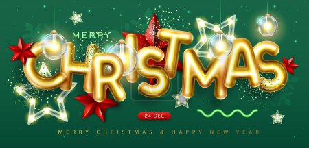 Téléchargez les illustrations : Joyeux Noël affiche de vacances avec des lettres chromiques 3D, étoiles de Noël et lampes électriques. Carte de voeux des fêtes. Illustration vectorielle - en licence libre de droit