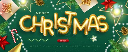Téléchargez les photos : Joyeux poster de Noël avec lettres chromiques 3D et décoration de Noël. Carte de voeux des fêtes. Illustration vectorielle - en image libre de droit