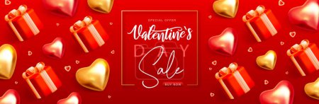 Téléchargez les illustrations : Happy Valentines Day vente top view affiche avec cœurs d'amour 3D et boîtes-cadeaux. Valentine fond de vacances. Illustration vectorielle - en licence libre de droit