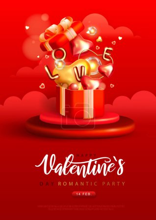 Illustration for Happy Valentines Day poster with 3D love hearts and gift box. Valentine holiday background. Vector illustration - Royalty Free Image