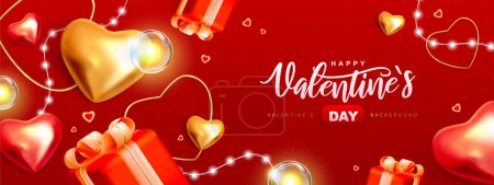 Illustration for Happy Valentines Day poster with 3D pink and gold love hearts and gift box. Valentine holiday background. Vector illustration - Royalty Free Image