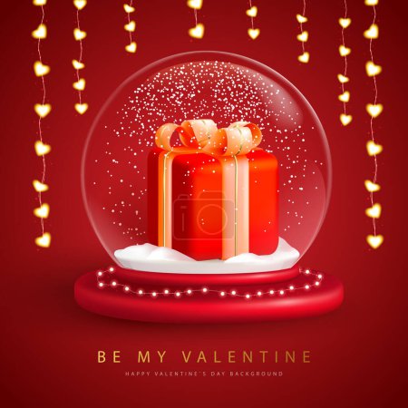 Illustration for Happy Valentines Day typography poster with 3D snow globe and gift box. Vector illustration - Royalty Free Image