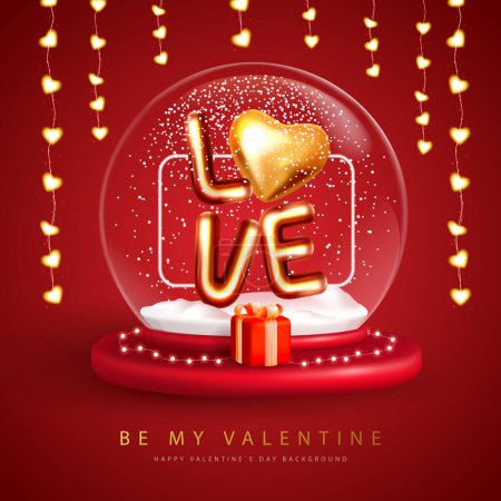 Illustration for Happy Valentines Day typography poster with 3D snow globe, gift box and love heart. Vector illustration - Royalty Free Image