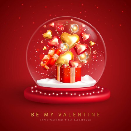 Illustration for Happy Valentines Day typography poster with 3D snow globe, gift box and love hearts inside. Vector illustration - Royalty Free Image