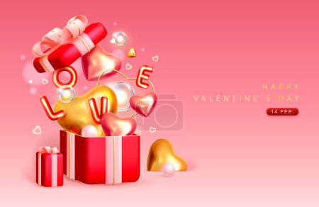 Téléchargez les illustrations : Happy Valentines Day poster avec 3D coeur d'amour rose et or et boîte cadeau. Valentine fond de vacances. Illustration vectorielle - en licence libre de droit