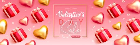 Illustration for Happy Valentines Day sale top view poster with 3D love hearts and gift boxes. Valentine holiday background. Vector illustration - Royalty Free Image