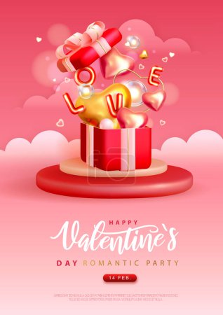 Téléchargez les illustrations : Joyeux poster de la Saint-Valentin avec cœurs d'amour 3D et boîte cadeau. Valentine fond de vacances. Illustration vectorielle - en licence libre de droit