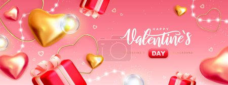 Illustration for Happy Valentines Day poster with 3D pink and gold love hearts and gift box. Valentine holiday background. Vector illustration - Royalty Free Image