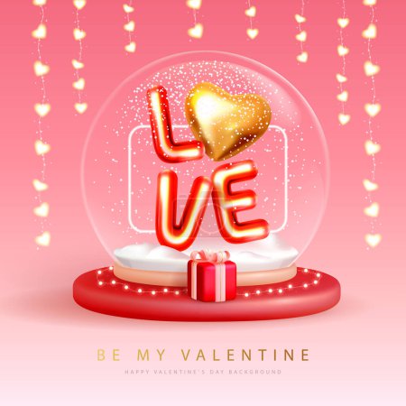 Téléchargez les illustrations : Happy Valentines Day typographie affiche avec boule à neige 3D, boîte cadeau et coeur d'amour. Illustration vectorielle - en licence libre de droit