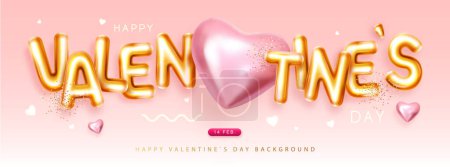 Illustration for Happy Valentines Day poster with 3D letters and gold love hearts. Holiday greeting card. Vector illustration - Royalty Free Image
