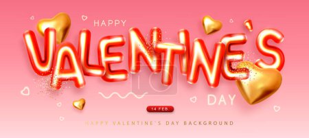 Illustration for Happy Valentines Day poster with 3D letters and gold love hearts. Holiday greeting card. Vector illustration - Royalty Free Image