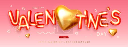Téléchargez les illustrations : Joyeux poster de la Saint-Valentin avec des lettres 3D et des cœurs d'amour en or. Carte de voeux des fêtes. Illustration vectorielle - en licence libre de droit