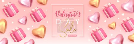 Illustration for Happy Valentines Day sale top view poster with 3D love hearts and gift boxes. Valentine holiday background. Vector illustration - Royalty Free Image