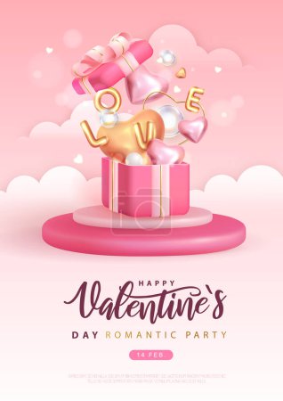 Téléchargez les illustrations : Joyeux poster de la Saint-Valentin avec cœurs d'amour 3D et boîte cadeau. Valentine fond de vacances. Illustration vectorielle - en licence libre de droit