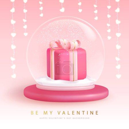 Illustration for Happy Valentines Day typography poster with 3D snow globe and gift box. Vector illustration - Royalty Free Image