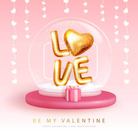 Téléchargez les illustrations : Happy Valentines Day typographie affiche avec boule à neige 3D, boîte cadeau et coeur d'amour. Illustration vectorielle - en licence libre de droit