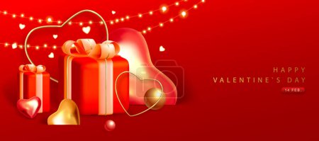 Téléchargez les illustrations : Happy Valentines Day poster avec 3D coeur d'amour rose et or et boîte cadeau. Valentine fond de vacances. Illustration vectorielle - en licence libre de droit