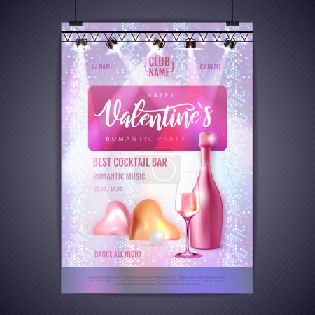 Illustration for Happy Valentines Day party poster with 3D chromic love hearts, champagne bottle and glass. Disco ball background. Vector illustration - Royalty Free Image