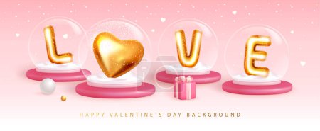 Illustration for Happy Valentines Day typography poster with 3D snow globes, word love, gift box and love heart. Vector illustration - Royalty Free Image