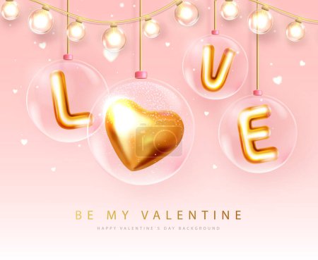 Illustration for Happy Valentines Day typography poster with 3D crystal balls, word love, string of light and love heart. Vector illustration - Royalty Free Image