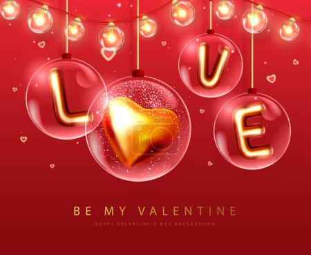 Illustration for Happy Valentines Day typography poster with 3D crystal balls, word love, string of light and love heart. Vector illustration - Royalty Free Image