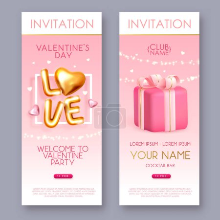 Illustration for Happy Valentines Day poster with 3D chromic letters, gold love hearts and gift box. Invitation design. Vector illustration - Royalty Free Image