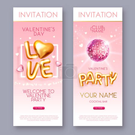 Illustration for Happy Valentines Day poster with 3D chromic letters, gold love hearts and disco ball. Invitation design. Vector illustration - Royalty Free Image