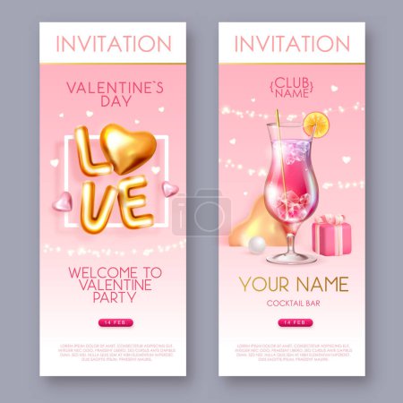 Illustration for Happy Valentines Day poster with 3D chromic letters, gold love hearts and cocktail. Invitation design. Vector illustration - Royalty Free Image