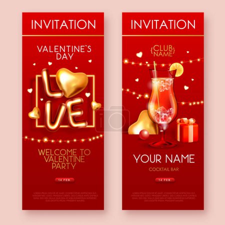Illustration for Happy Valentines Day poster with 3D chromic letters, gold love hearts and cocktail. Invitation design. Vector illustration - Royalty Free Image