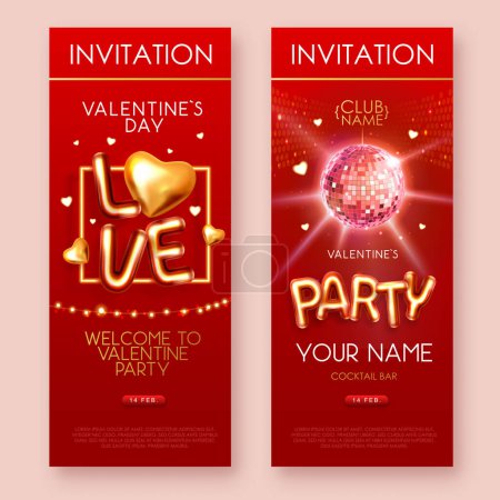 Illustration for Happy Valentines Day poster with 3D chromic letters, gold love hearts and disco ball. Invitation design. Vector illustration - Royalty Free Image