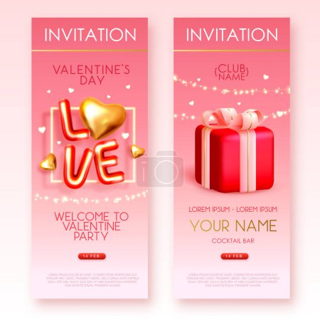Happy Valentines Day poster with 3D chromic letters, gold love hearts and gift box. Invitation design. Vector illustration