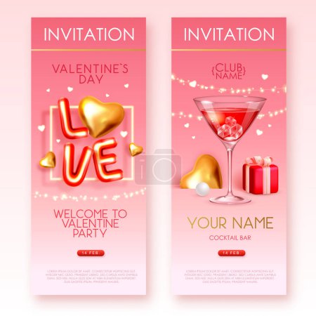 Téléchargez les illustrations : Happy Valentines Day poster with 3D chromic letters, gold love hearts and cocktail. Invitation design. Vector illustration - en licence libre de droit
