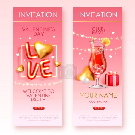 Téléchargez les illustrations : Happy Valentines Day poster with 3D chromic letters, gold love hearts and cocktail. Invitation design. Vector illustration - en licence libre de droit