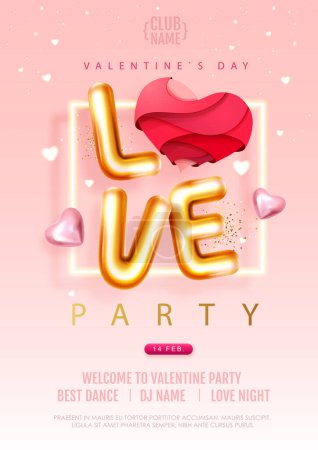 Téléchargez les illustrations : Happy Valentines Day party poster with 3D chromic letters and gold love hearts. Holiday greeting card. Vector illustration - en licence libre de droit