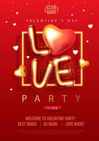 Illustration for Happy Valentines Day party poster with 3D chromic letters and gold love hearts. Holiday greeting card. Vector illustration - Royalty Free Image