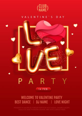 Téléchargez les illustrations : Happy Valentines Day party poster with 3D chromic letters and gold love hearts. Holiday greeting card. Vector illustration - en licence libre de droit