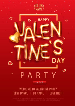 Illustration for Happy Valentines Day disco party poster with 3D letters and gold love hearts. Vector illustration - Royalty Free Image