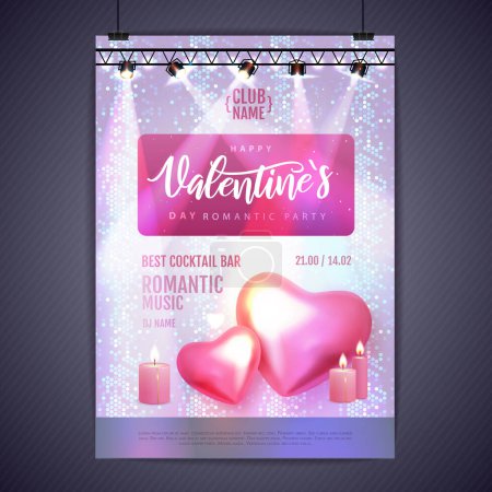 Téléchargez les illustrations : Happy Valentines Day party poster with 3D chromic love hearts. Disco ball background. Vector illustration - en licence libre de droit
