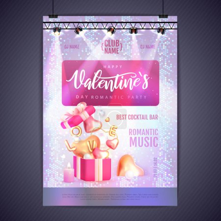 Téléchargez les illustrations : Happy Valentines Day party poster with 3D chromic love hearts and gift box. Disco ball background. Vector illustration - en licence libre de droit