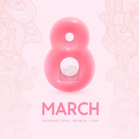 Illustration for International happy women`s day greeting card. Realistic pink plastic number eight  and gentle ornament. March 8. Vector illustration - Royalty Free Image