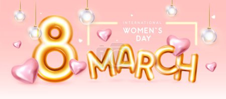 Illustration for International happy women`s day greeting card. Realistic golden metal number eight, electric lamps and 3d love hearts. March 8. Vector illustration - Royalty Free Image