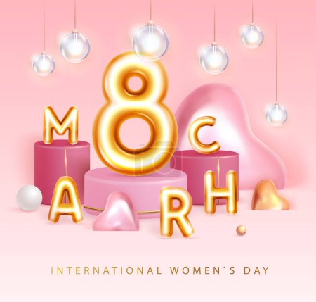 Illustration for International happy women`s day greeting card. Realistic golden metal number eight, electric lamps and 3d love hearts. March 8. Interior design. Vector illustration - Royalty Free Image