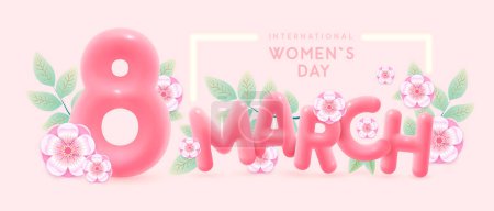 Illustration for International happy women`s day greeting card. Realistic pink plastic number eight, spring flowers and green leaves. March 8. Vector illustration - Royalty Free Image