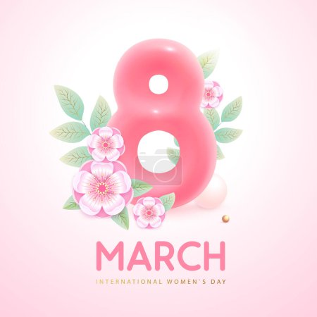 Illustration for International happy women`s day greeting card. Realistic pink plastic number eight, spring flowers and green leaves. March 8. Vector illustration - Royalty Free Image