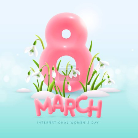 Ilustración de International happy women`s day greeting card. Realistic pink plastic number eight and Snowdrop Flowers. March 8. Vector illustration - Imagen libre de derechos