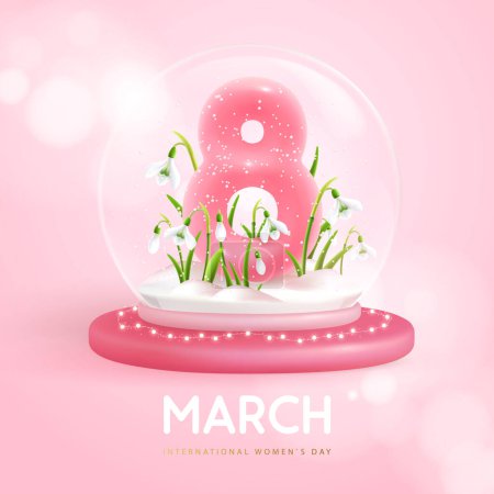 Illustration for International happy women`s day greeting card. Snow globe with realistic pink plastic number eight and Snowdrop Flowers. March 8. Vector illustration - Royalty Free Image