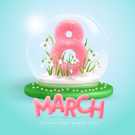 Illustration for International happy women`s day greeting card. Snow globe with realistic pink plastic number eight and Snowdrop Flowers. March 8. Vector illustration - Royalty Free Image