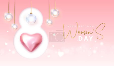Illustration for International happy women`s day greeting card. Paper cut number eight, electric lamps and 3d pink metal love heart. 8 March. Vector illustration - Royalty Free Image