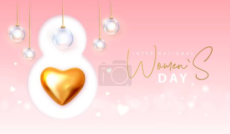 Illustration for International happy women`s day greeting card. Paper cut number eight, electric lamps and 3d golden metal love heart. 8 March. Vector illustration - Royalty Free Image
